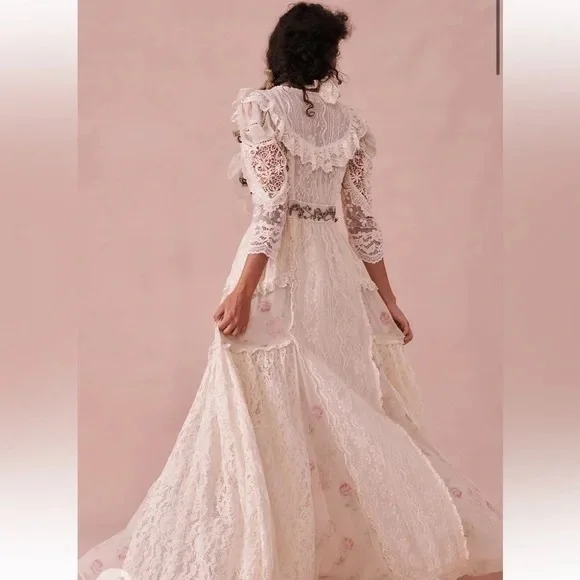 LoveShackFancy Ibis Beaded Ruffle V Plunge Lace Overlay Dress in Magnolia Tea - Picture 16 of 16